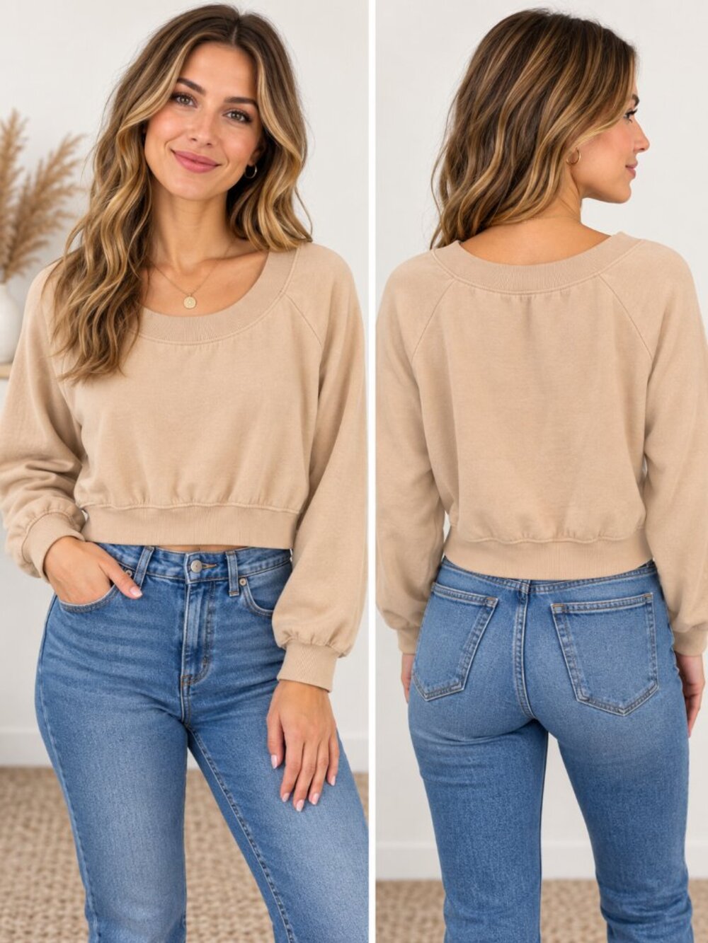 Hippie Rose Small Beige Cropped Sweatshirt Ribbed Scoop Neck Cotton Blend